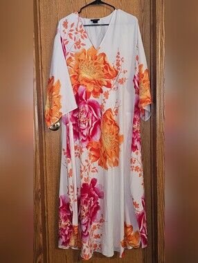 Natori White Floral Long Sleeve Maxi Dress with Orange and Pink Blooms